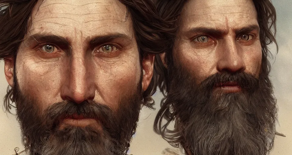 Prompt: close up portrait painting of a bearded survivor, ultra realistic, concept art, intricate details, serious, highly detailed, photorealistic, octane render, 8 k, unreal engine. art by artgerm and greg rutkowski and alphonse mucha