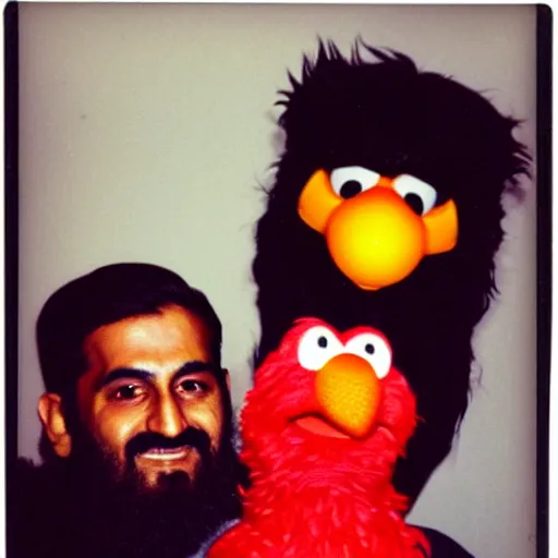 Image similar to polaroid photo of osama bin laden posing with elmo