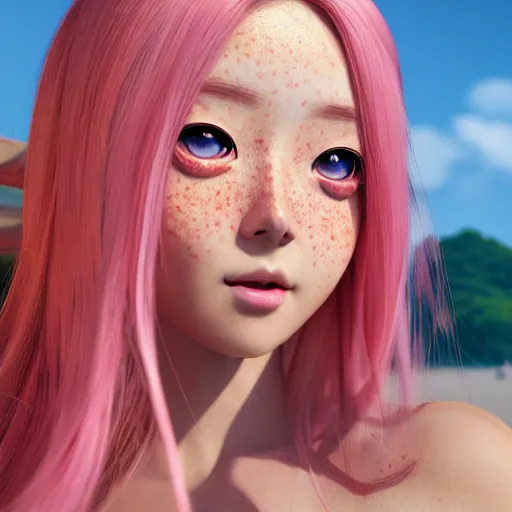 Prompt: Render of a beautiful 3d anime woman, long pink hair, hazel eyes, cute freckles, full round face, soft smile, Chinese heritage, cute sundress, golden hour, serene beach setting, medium shot, mid-shot, hyperdetailed, trending on Artstation, Unreal Engine 4k