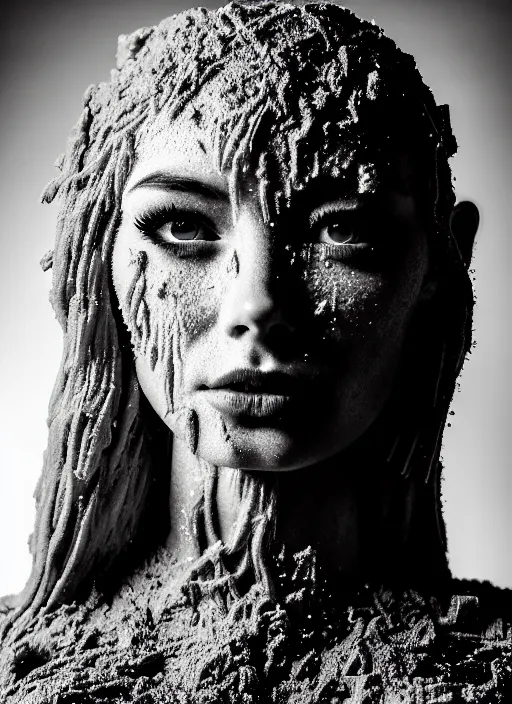 Image similar to a young female cyborg bust made of ice and fire and mud, dramatic, ilford hp 5, closeup - view, f / 2. 8, high contrast, 1 6 k, fluorescent lamp, contre - jour, insanely detailed and intricate, hypermaximalist, elegant, ornate, hyper realistic, super detailed