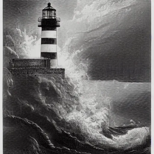 Prompt: a lighthouse during an intense thunder storm, etching, huge waves, vivid colors, in the style of gustave dore