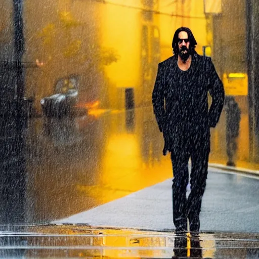 Prompt: keanu reeves walking in the rain on a reflective city street near a red flashing street light, highly detailed face and reflections misty dark