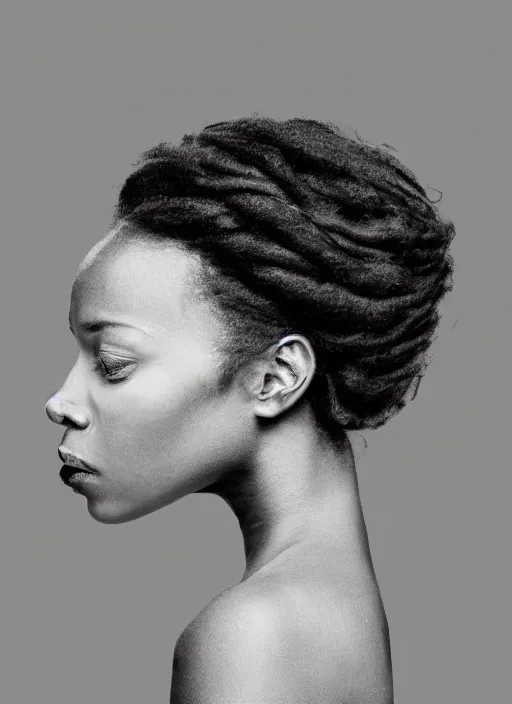 Prompt: a beautiful black woman's face in profile made of leaf skeleton, in the style of the dutch masters and gregory crewdson, dark and moody,