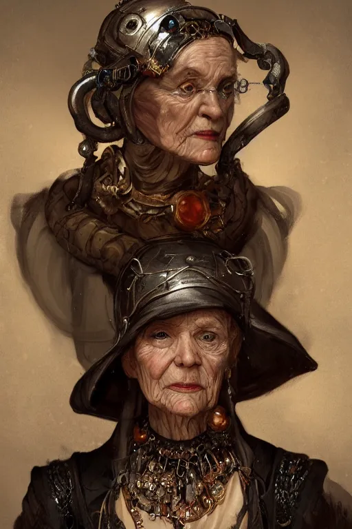 Prompt: portrait, headshot, digital painting, of a old 17th century, old lady cyborg merchant, amber jewels, baroque, ornate clothing, scifi, futuristic, realistic, hyperdetailed, chiaroscuro, concept art, art by Waterhouse