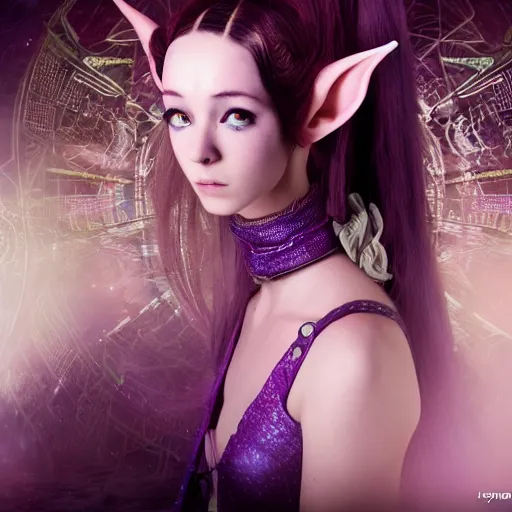 Image similar to A still of an ethereal, mysterious stunning maximalist mesmerizing elven girl with elf ears from the rainbow sky paradise in Tron: Legacy (2010), high-tech, professional high fashion model photo shoot for Victorian gothic lolita fashion, hyperdetailed by Mark Ryden and artgerm and Hiroyuki-Mitsume Takahashi, close-up 35mm macro shot, hyperrealism, 8k resolution 3D, cinematic, dynamic lighting, octane render, unreal engine 5