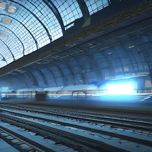 Prompt: train station floating in space with trains flying in the background, 8k, volumetric lighting, realistic, detailed,