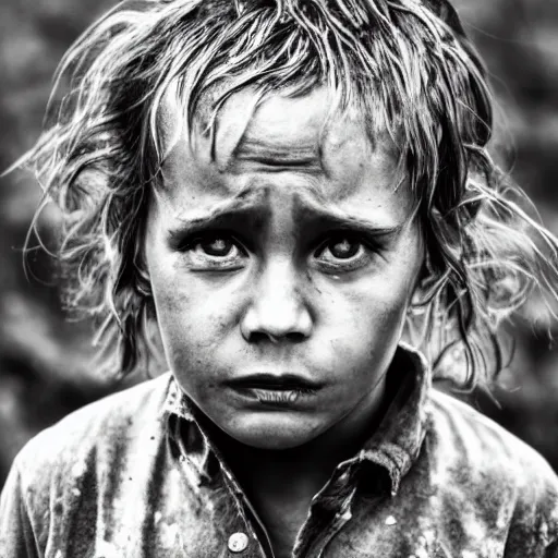 Prompt: portrait photo of a weathered child, rugged, tired, exhausted, black and white