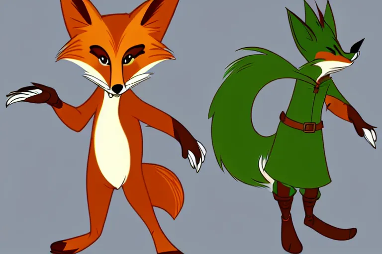 Prompt: vintage disney animation style anthro furry fox robin hood