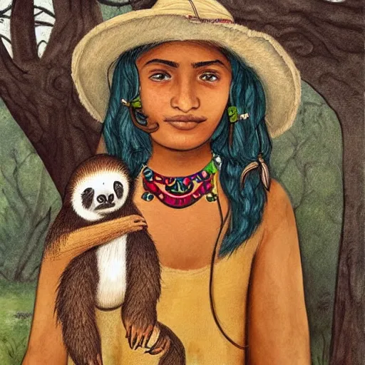 Prompt: a cottagecore beautiful young indian witch holding a cute sloth, highly detailed, masterpiece, illustrated, art by johannes voss