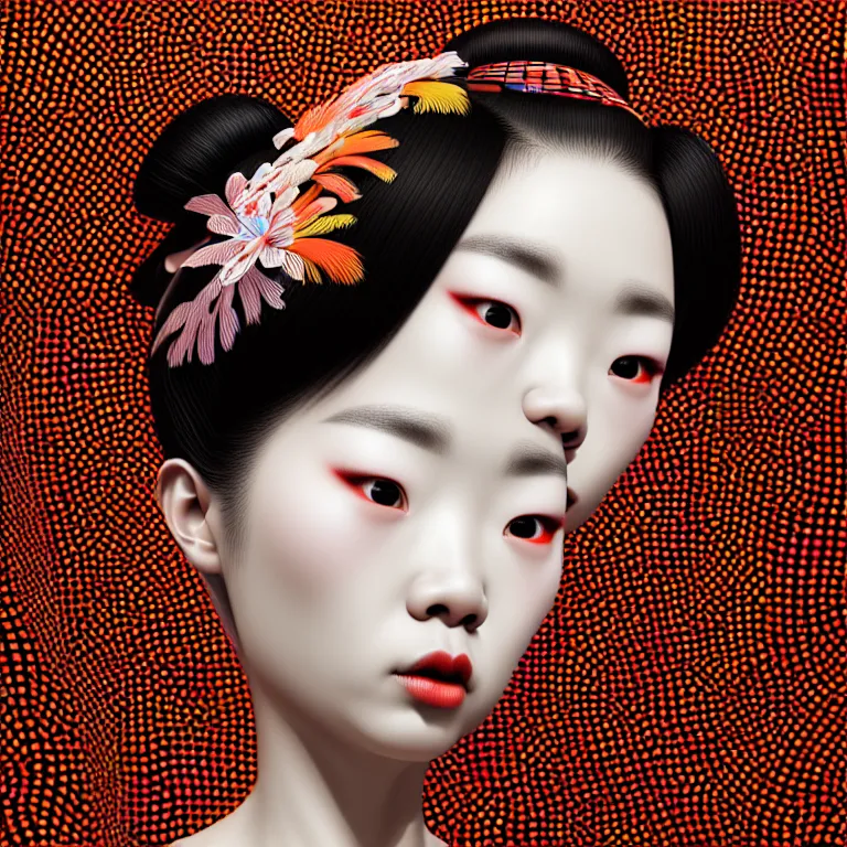 Image similar to hyperrealistic detailed image of a geisha in a art installation room, hd smooth interior by yayoi kusama, part by kei mieno, part by ross tran, dark art by james jean, ultra realistic, highly detailed, life like face, detailed body, 8 k, 3 d render by roger magrini, very cohesive, masterpiece