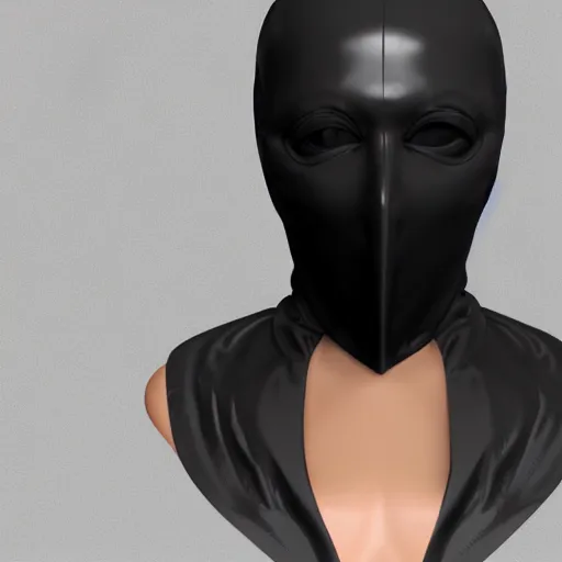 Image similar to 3 d fluid simulation render, octane render, xparticles, black color, female face in latex balaclava and mask,