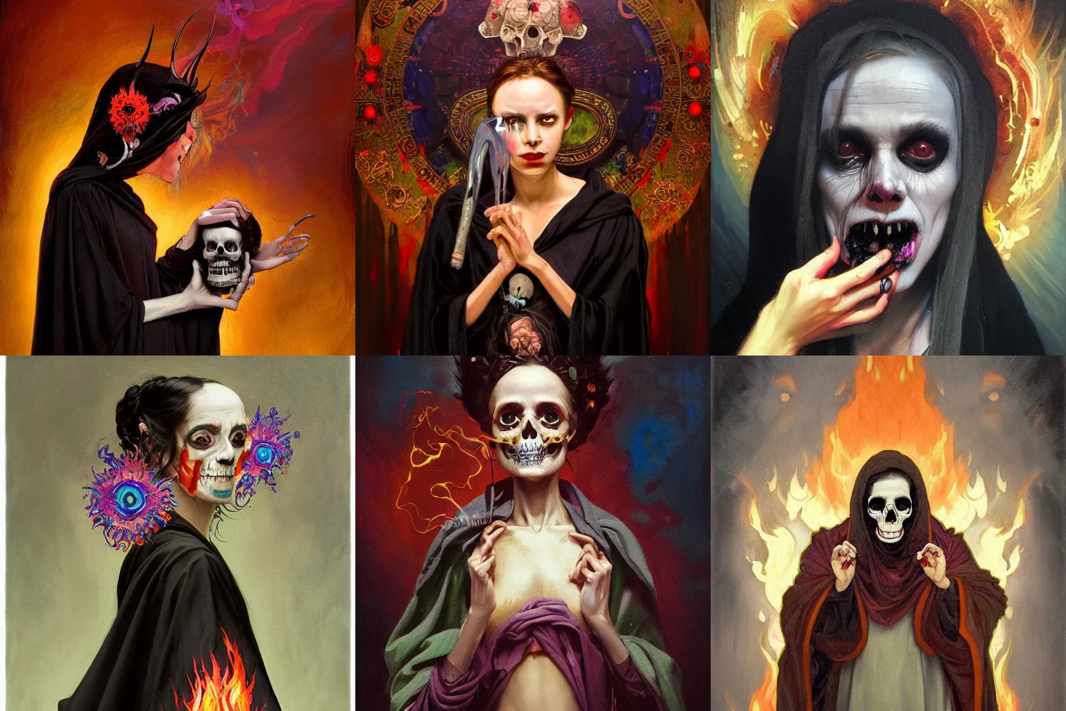 Prompt: An hysterical which stares at a deep black skull with in her hand! She wear a long dark robe. The background is made of multicolored fire. Painted by Tony Sandoval, Caravaggio, Greg rutkowski, Sachin Teng, Thomas Kindkade, Alphonse Mucha, Norman Rockwell, Tom Bagshaw. Oil painting. Pastel colors scheme.