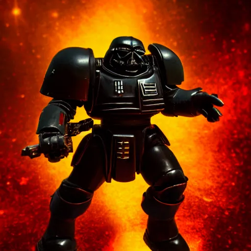 Prompt: space marine from warhammer 40000 in the style of Darth Vader from star wars, realism, against the background of the battlefield, depth of field, focus on darth vader,