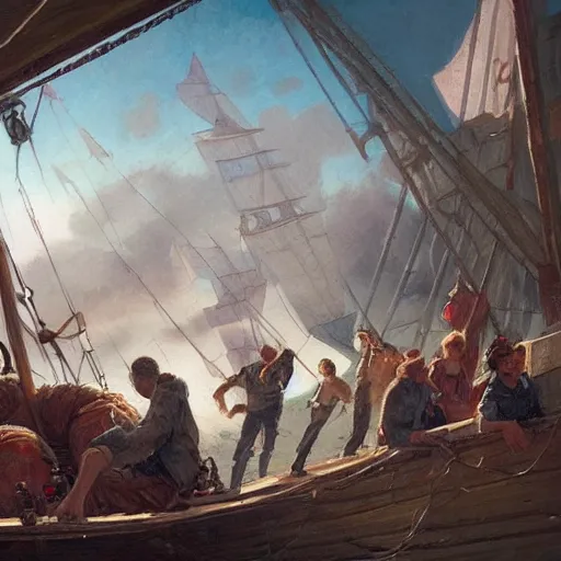 Prompt: a group of adventurers eating a giant pizza on a sailing ship, greg rutkowski