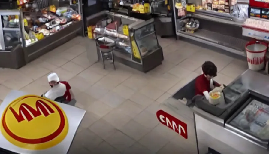 Image similar to film still of frodo working at mcdonalds in the new batman movie, cnn news footage taken from above.