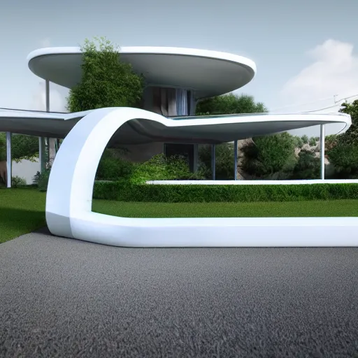 Image similar to a house in the future house, retrofuturim, lawn, trees, white picket fence, futuristic flying car parked on the landing pad, realistc octane render, depth of field, soft lighting, 8k