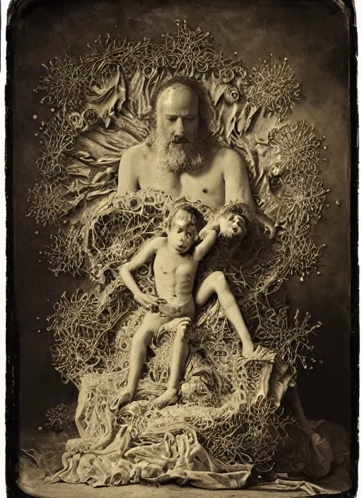 Prompt: old wetplate daguerreotype portrait of birth of jezus, explosion of data fragments, fractal, intricate, elegant, highly detailed, parallax, leica, medium format, subsurface scattering, by jheronimus bosch and greg rutkowski and louis jacques mande daguerre