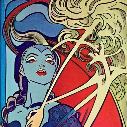 Image similar to elsa. well composed, clean elegant painting, beautiful detailed face. comic book art by steve ditko and jack kirby and ( alphonse mucha )