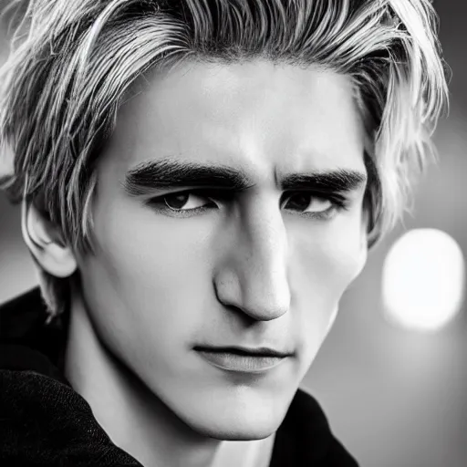 Image similar to a closeup shot of handsome xqc, gigachad, strong jawline, photorealism, 8k