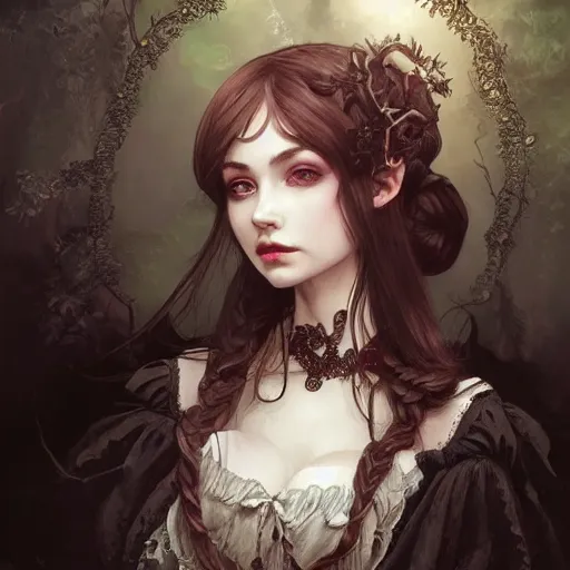 Image similar to portrait of a gothic lolita, D&D, fantasy, intricate, elegant, highly detailed, soft lighting, soft mood, digital painting, artstation, smooth, sharp focus, illustration, art by Tia Kratter, Katherine Sarafian, artgerm and greg rutkowski and alphonse mucha