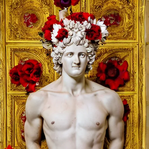 Prompt: man in the form of a marble greek baroque sculpture, eyes all over body, red blooming flowers, ornate golden background, red white and gold color scheme