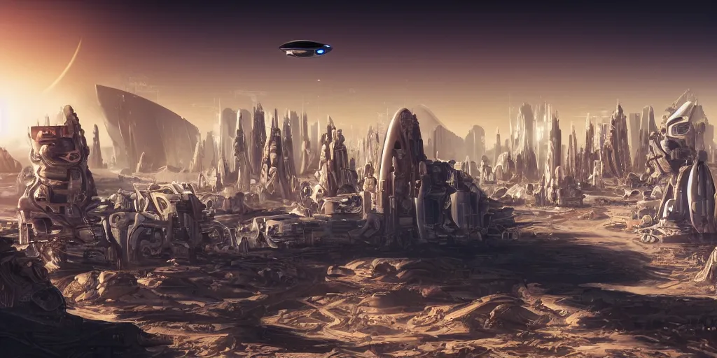 Prompt: futuristic city on Mars with beautiful background and space ships in the sky