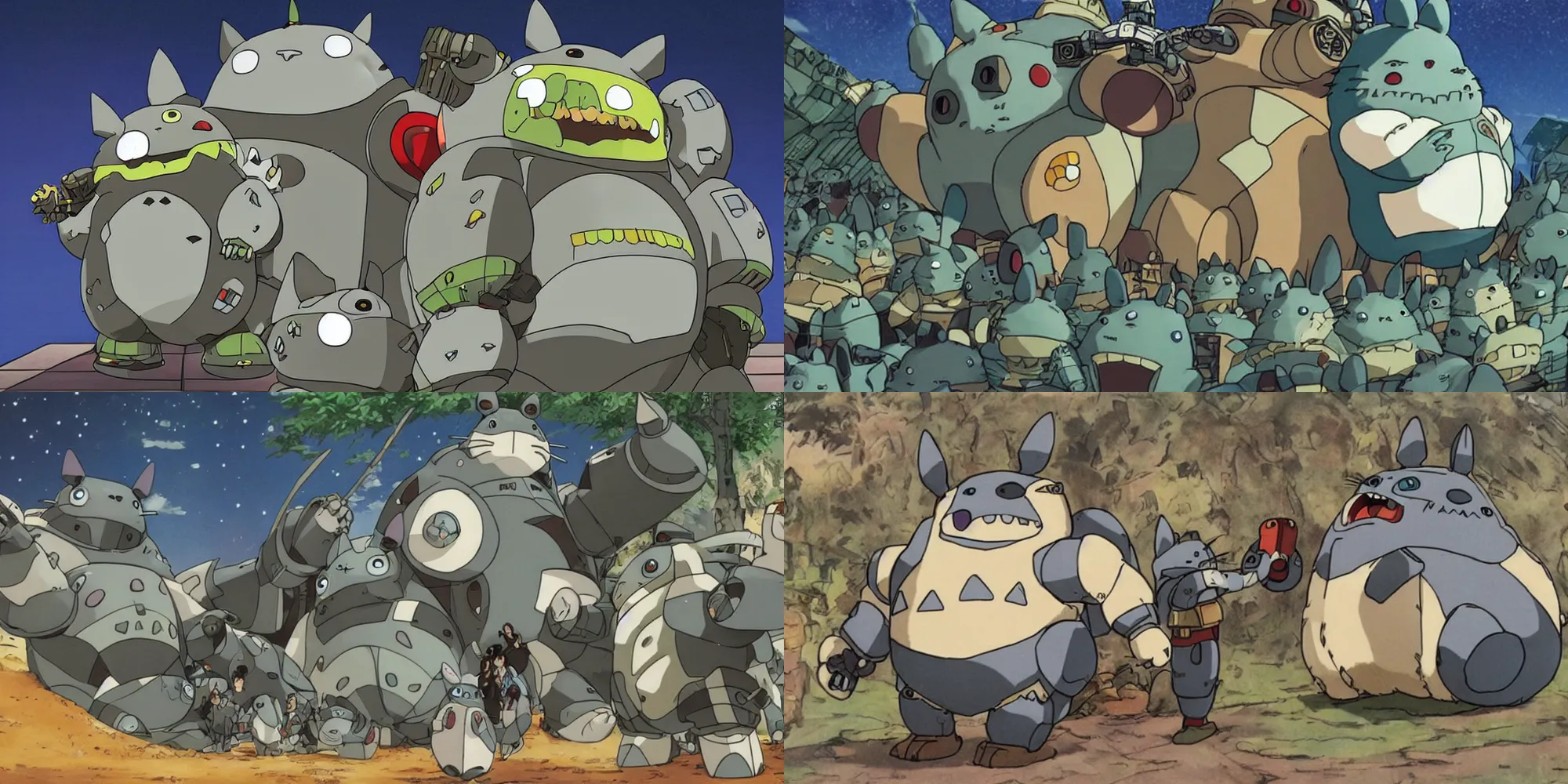 Prompt: Mecha totoro fighting mecha pompoko