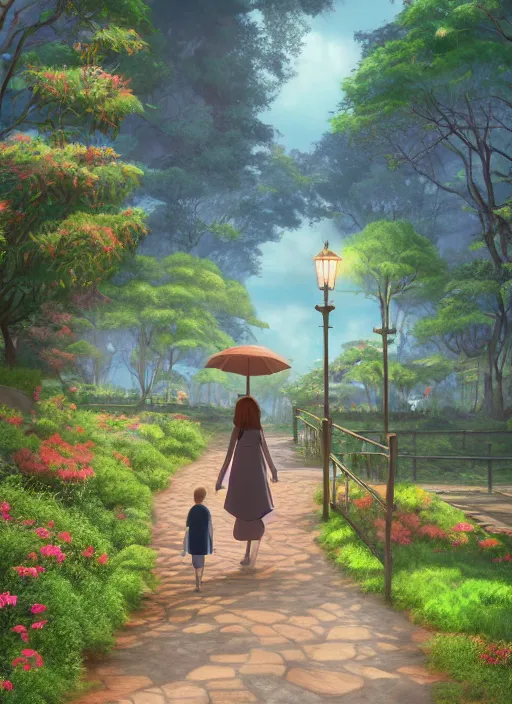 Prompt: A beautiful detailed matte painting of woman walking a path with her child, 8k resolution concept art, in style of Steve Argyle and Studio Ghibli, digital artwork, multi-color theme