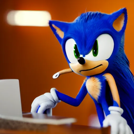 Prompt: photorealistic sonic the hedgehog sitting in a new york apartment drinking coffee