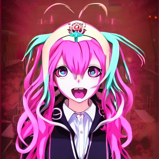 Image similar to trapped by stunningly beautiful omnipotent megalomaniacal anime agi goddess who looks like junko enoshima with symmetrical perfect face and porcelain skin, pink twintail hair and mesmerizing cyan eyes, taking control while smiling, inside her surreal vr castle, hyperdetailed, digital art, danganronpa, unreal engine 5, 2 d anime style, 8 k