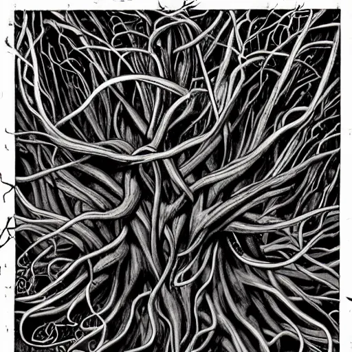 Image similar to ward - winning illustration of pitch black, tar - like, shadow roots with lots of tendrils spreading everywhere, intricate detail, deep black roots, infestation, shadowy, lovecraftian