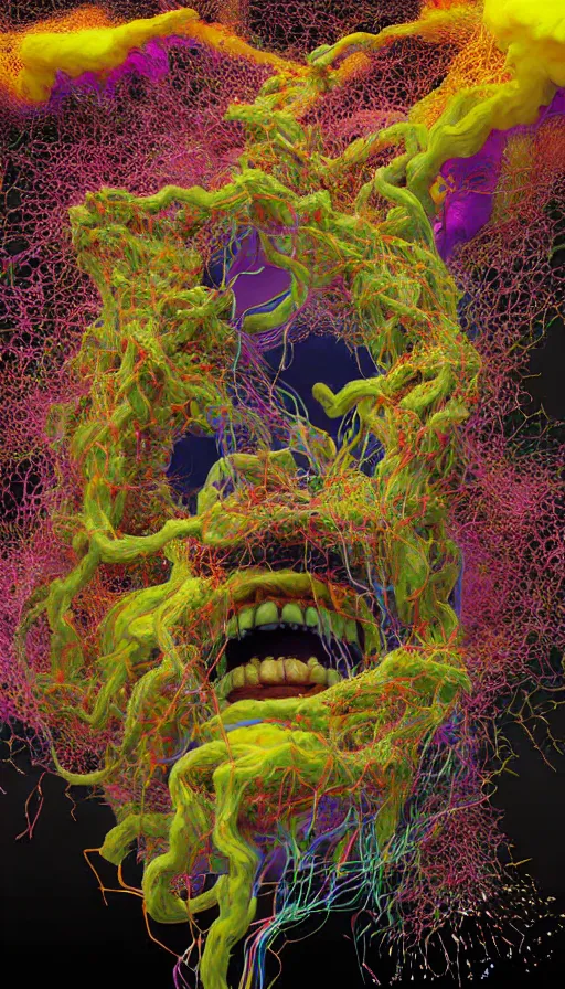 Image similar to hyper detailed 3d render like a Oil painting - vladimir putin seen Eating of the Strangling network of colorful yellowcake and aerochrome and milky Fruit and His evil Hands hold gossamer polyp blossoms that bring iridescent fungal flowers whose spores black the foolish stars by Jacek Yerka, Mariusz Lewandowski, Houdini algorithmic generative render, Abstract brush strokes, Masterpiece, Edward Hopper and James Gilleard, Zdzislaw Beksinski, Wolfgang Lettl, Yayoi Kasuma, octane render, 8k