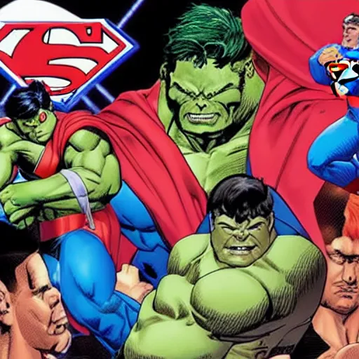 Image similar to supermen and hulk at WWE smacking down Vince McMahon