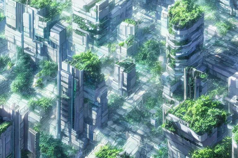 Image similar to futuristic city, lush vegetation, humid, early evening, diagonal view, geometric buildings, cloudy, beautiful, dull pastel colors, realistic, hyper detailed, octane render, trending on artstation by yoshitaka amano and makoto shinkai, studio ghibli style