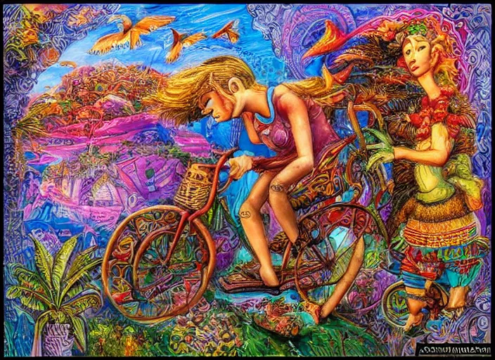 Prompt: 🌴🚲👴🏿🦋, lowbrow, 3 - d highly detailed, in the style of, josephine wall,