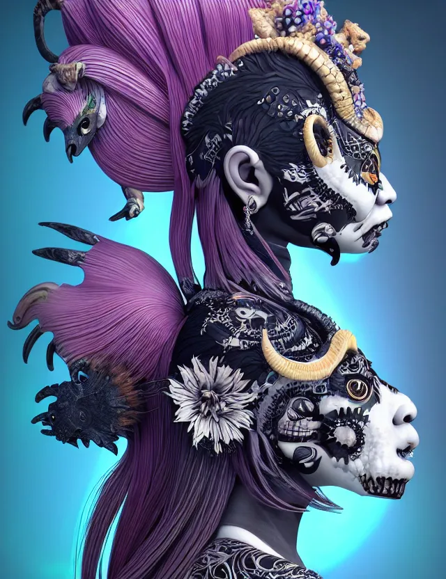 Image similar to 3 d goddess close - up profile portrait punk with mohawk with ram skull. beautiful intricately detailed japanese crow kitsune mask and clasical japanese kimono. betta fish, jellyfish phoenix, bio luminescent, plasma, ice, water, wind, creature, artwork by tooth wu and wlop and beeple and greg rutkowski