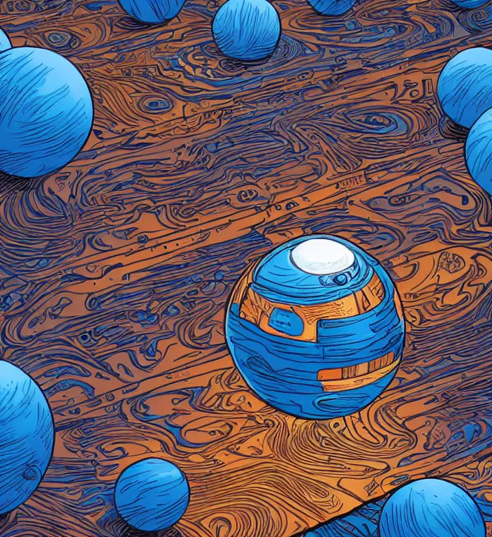 Image similar to a blue ball on a table, art by Dan Mumford