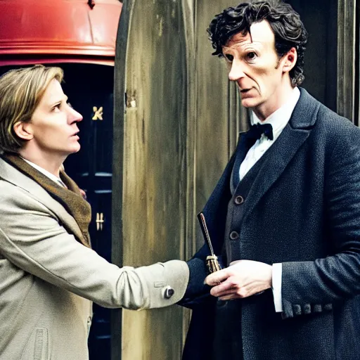 Image similar to the 1 1 th doctor from doctor who meeting sherlock holmes from sherlock in the tardis of the 1 1 th doctor