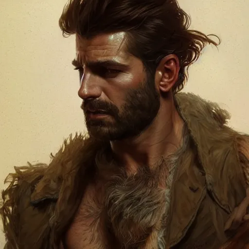 Prompt: portrait of a rugged ranger, full body, open shirt, hairy torso, D&D, fantasy, intricate, elegant, highly detailed, digital painting, artstation, concept art, matte, sharp focus, illustration, art by Artgerm and Greg Rutkowski and Alphonse Mucha