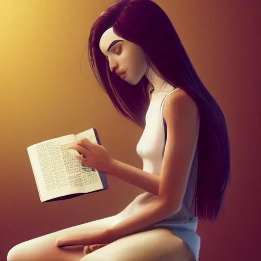 Image similar to a girl reading a book, her hair flowing down, symmetric!!, anatomically correct, concept style, trending on artstation, concept art, detailed, octane render, cinematic, photo-realistic, 8k, high detailed