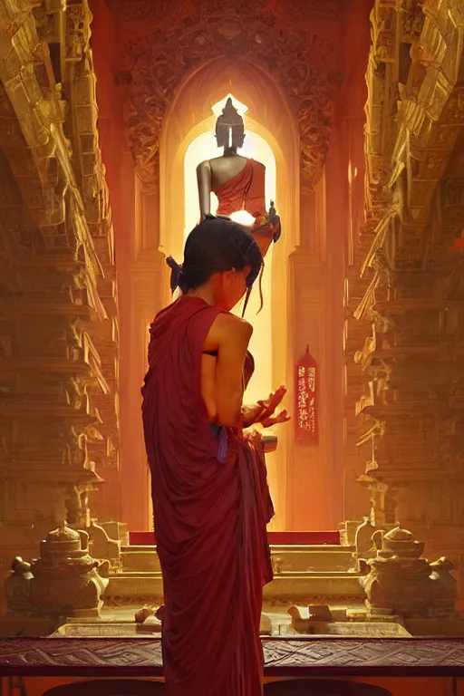 Image similar to temple, buddhism, painting by greg rutkowski, j. c. leyendecker, artgerm