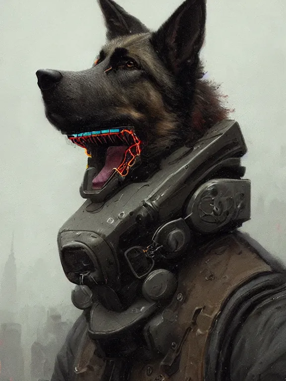 Image similar to new york city portrait of furry anthro anthropomorphic german shepard head animal person fursona wearing clothes strange cybernetic muzzle gloomy rainy cyberpunk digital art by Greg Rutkowski, Simon Stalenhag, trending on Artstation, CGSociety