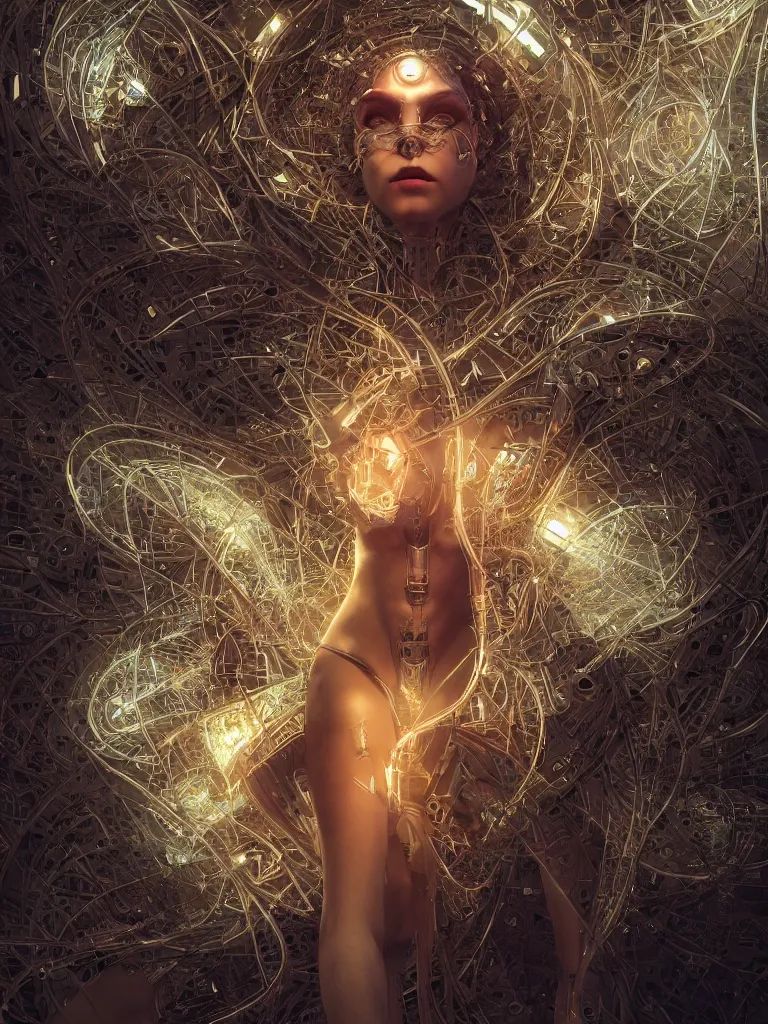 Prompt: a photo of a robotic woman covered in modular synthesizer parts surrounded by sacred geometry made from elven architecture, full body, perfect face, powerful, cinematic, beautifully lit, by artgerm, by karol bak, 3 d, octane render, 8 k