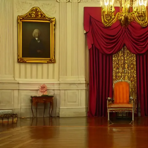 Prompt: A rat siting on a throne in the white house. Cinematic lighting, bright colors.