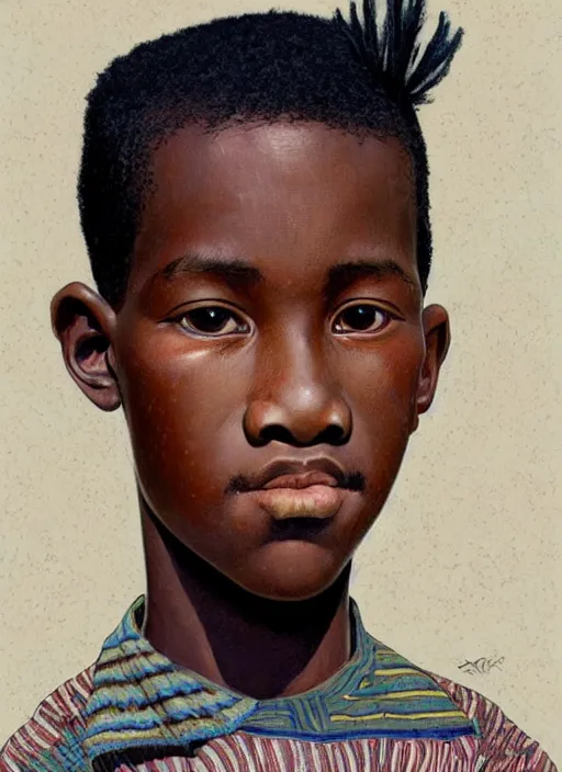 Image similar to colourful upper half portrait of an african boy with proportions in the style of jack davis - presented in magazine collage, art hsiao - ron cheng & alphonse mucha, magazine collage, highly detailed, caricature, digital painting, concept art, ray tracing, illustration, smooth, sharp focus, intricate, symmetry, pinterest, behance, artstation