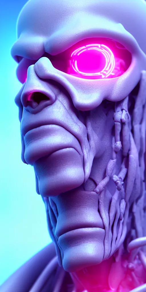 Image similar to 3d octane close-up high quality render of gothic cyborg man with white hair and pearlescent pink skin key sage wayne barlowe very soft blue neon lighting on one side wide angle 35mm shallow depth of field 8k