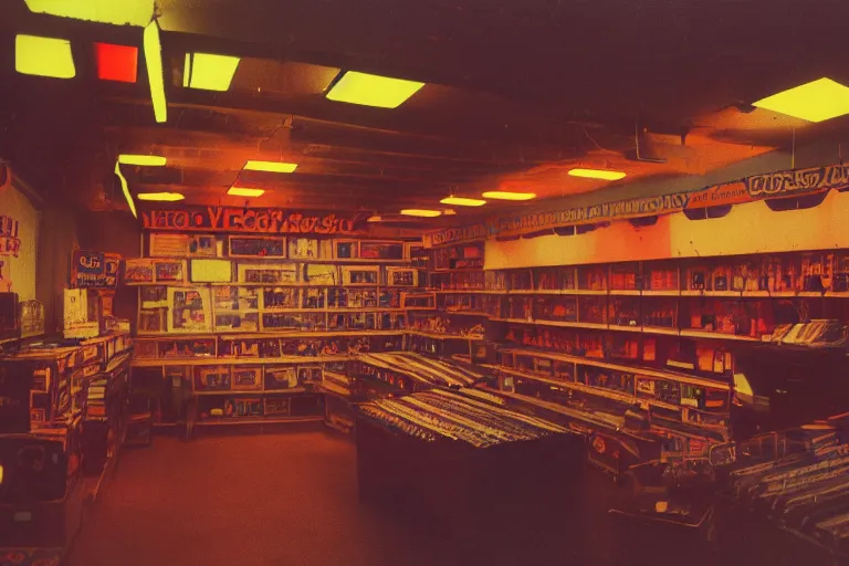 Image similar to inside of a 1970s music store store, neon lights, dirty, ektachrome photograph, volumetric lighting, f8 aperture, cinematic Eastman 5384 film