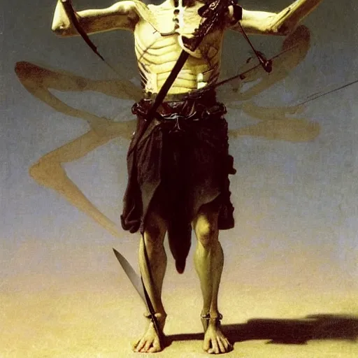 Image similar to portrait of a fully armed skeleton archer with big sword, wearing helmets and armor with wings, symmetrical, solemn, sacred, aura, by bouguereau