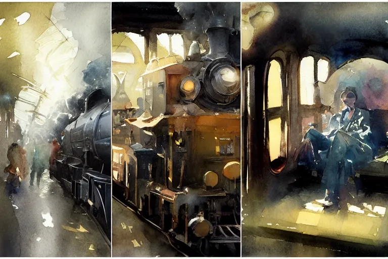 Image similar to small centered on watercolor paper, paint brush strokes, abstract watercolor painting of steam train interior, cinematic light, national romanticism by anders zorn, by hans dahl, by jesper ejsing, by greg rutkowski, by greg manchess, by tyler edlin, by craig mullins