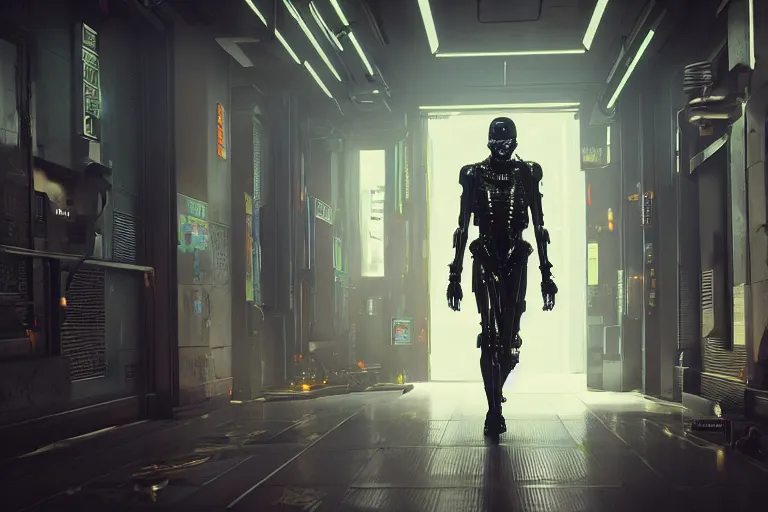 Image similar to cyberpunk single skeletal black mecha android walking inside hallway, Skeletal face !!!!!!singular-eye!!!!!!!!. long limbs black shiny. glowing_red_eye volumetric lighting slightly hazy. RTX UE5 Artstation Bladerunner_2049_scene!!!!!! Cyberpunk 2077 bladerunner2049!!! bladerunner!!! black android walking down white hallway slightly offset fancy hallway. reflective-room!!!!! Tom Bagshaw Greg Rutkowski Alphonse Mucha,.